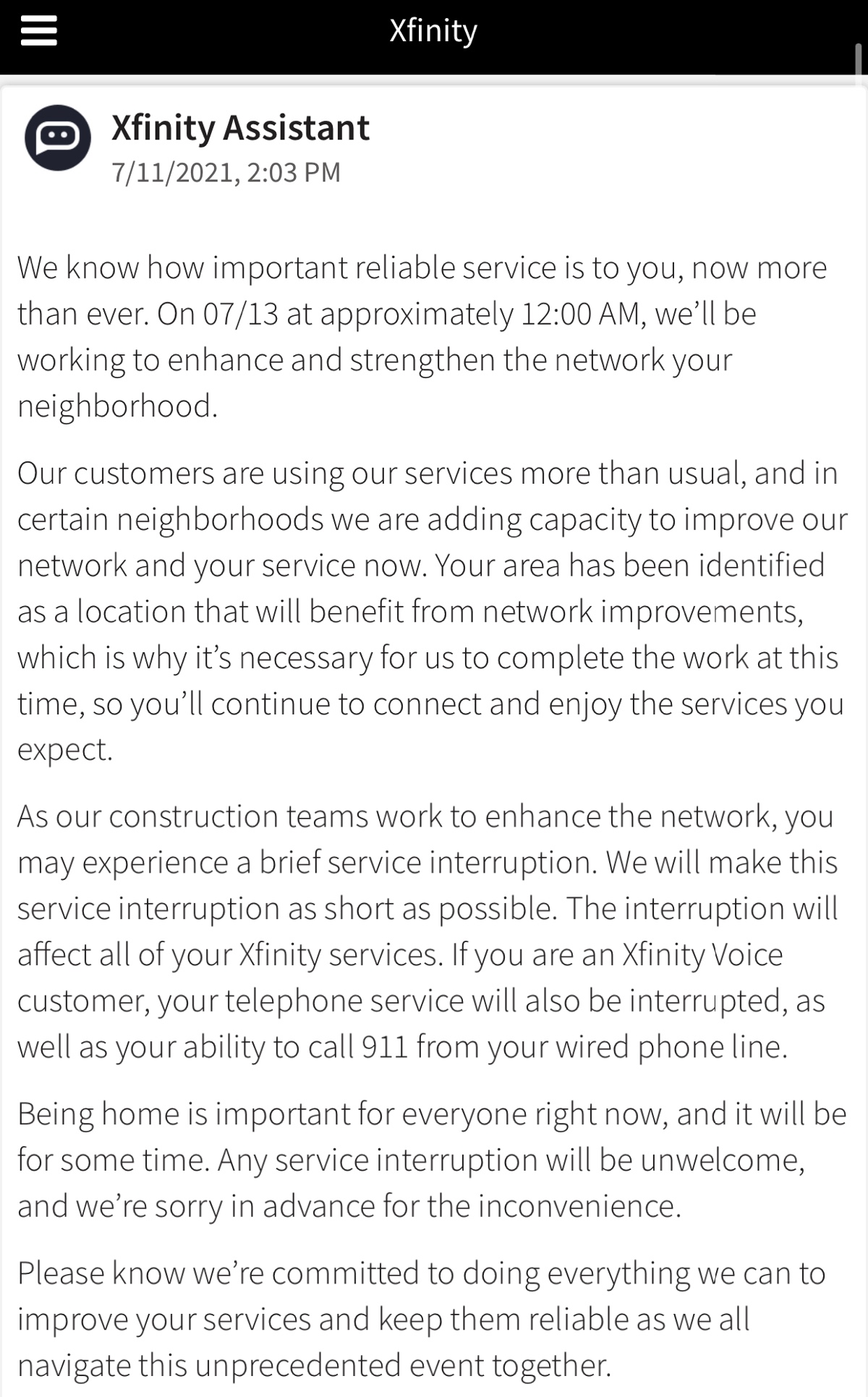 Xfinity Routine Maintenance Soon Message Xfinity is enhancing our network on 07/13