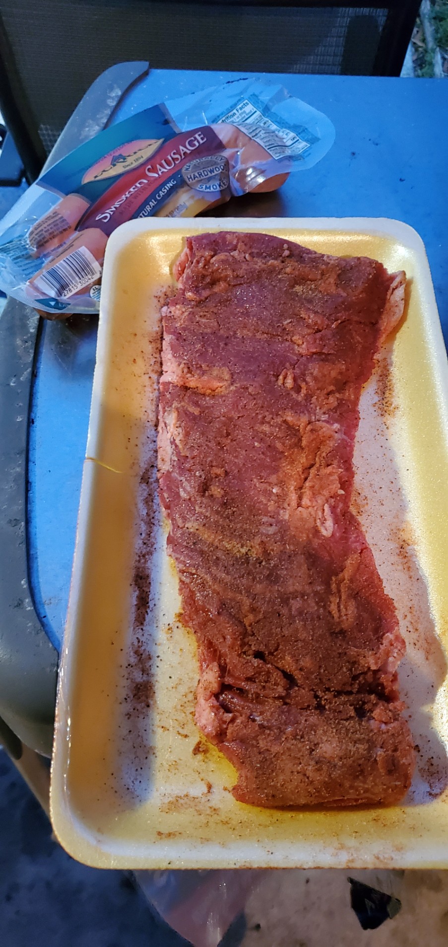 Beef ribs, Kroger skirt steak, sausage. Sides will be coleslaw,