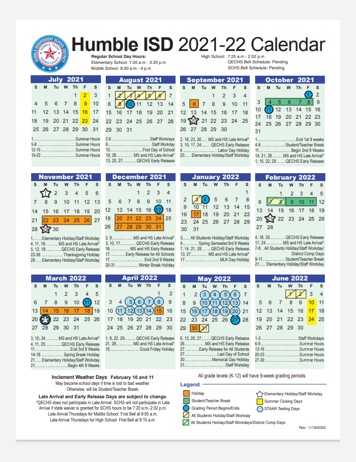 2021-22 Humble ISD Calendar