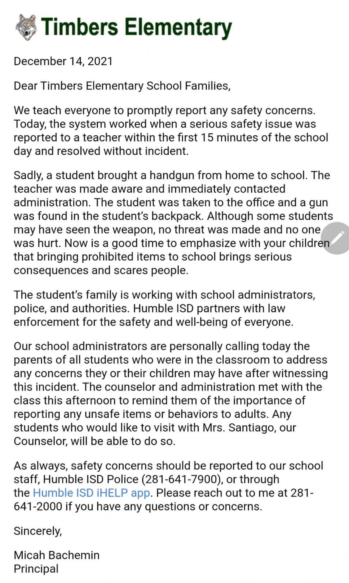 Student brings gun to Timbers Elementary